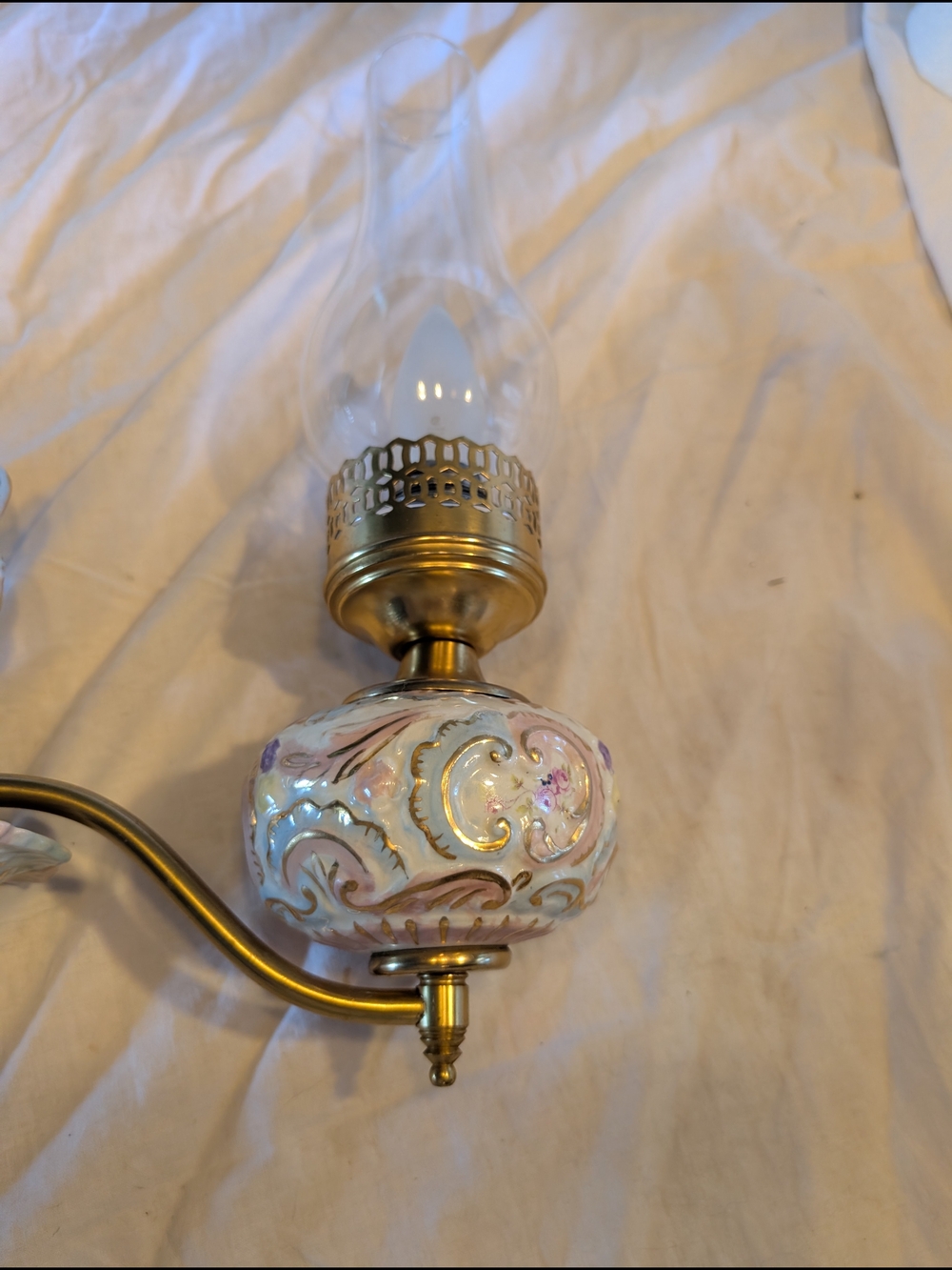 Vintage Porcelain Double Hurricane Lamp with Pink Floral and Gold Accents - Picture 5 of 11